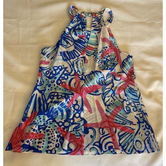 LILLY PULITZER Rogan She Sells Shells Silk Halter Top Women XS Stud Beach Resort - Picture 5 of 11